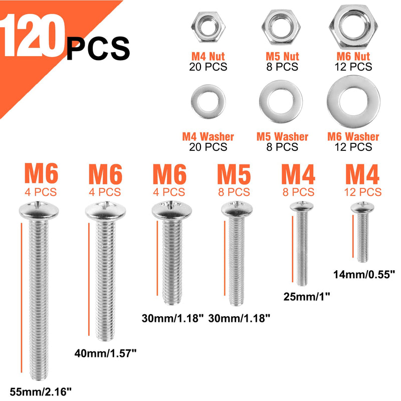 Bolts, Nuts, and Washer Assortment Kit - 120 pcs Nuts and Bolts Assortment Kit, Nut Bolt and Washer Assortment, Bolt and Nut Assortment (Silver, 120) Silver