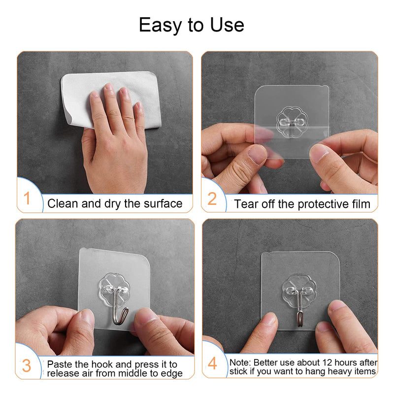 Adove Adhesive Hooks for Hanging, Heavy Duty Wall Hooks 20 Pack, Removable Sticky Ceiling Hooks, Transparent Self Adhesive Shower Hooks, Water & Oil Proof Strong 22lb(Max) Door Coat Hooks