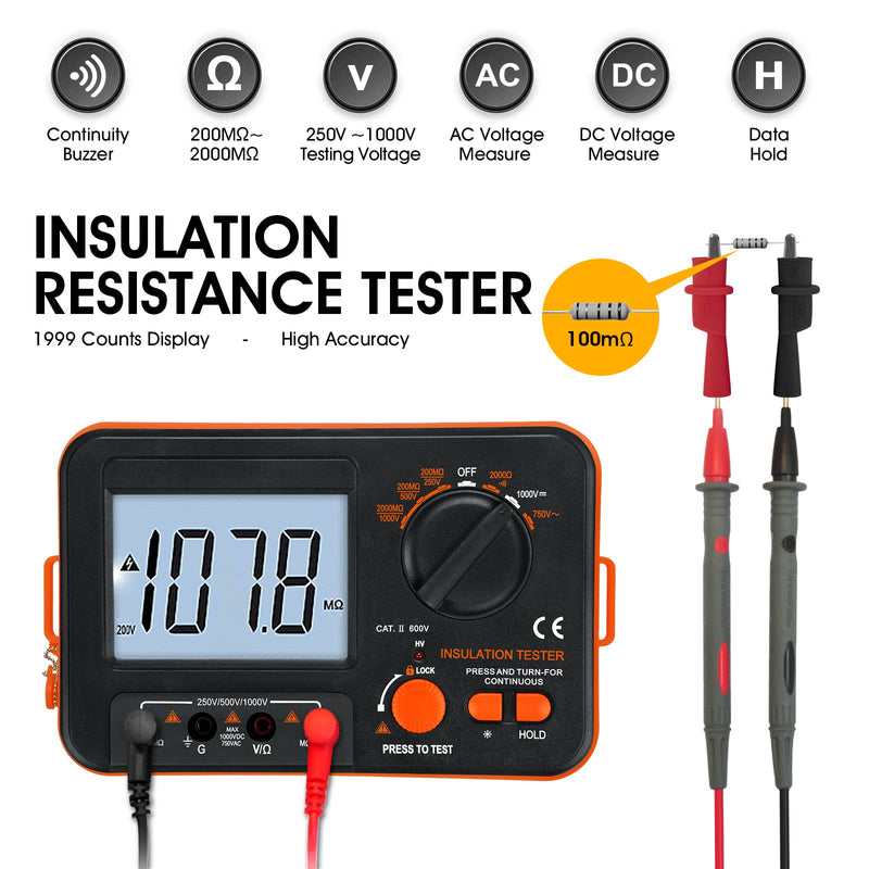 BTMETER Megohmmeter 1000V Insulation Resistance Tester, Electrical Megaohm Meter 200MΩ~2K Megohm Megger with 250V/500V/1000V Testing Voltage, Digital Multimeter Measure AC DC Voltage BT-VC60B (0.1MΩ~2GΩ)
