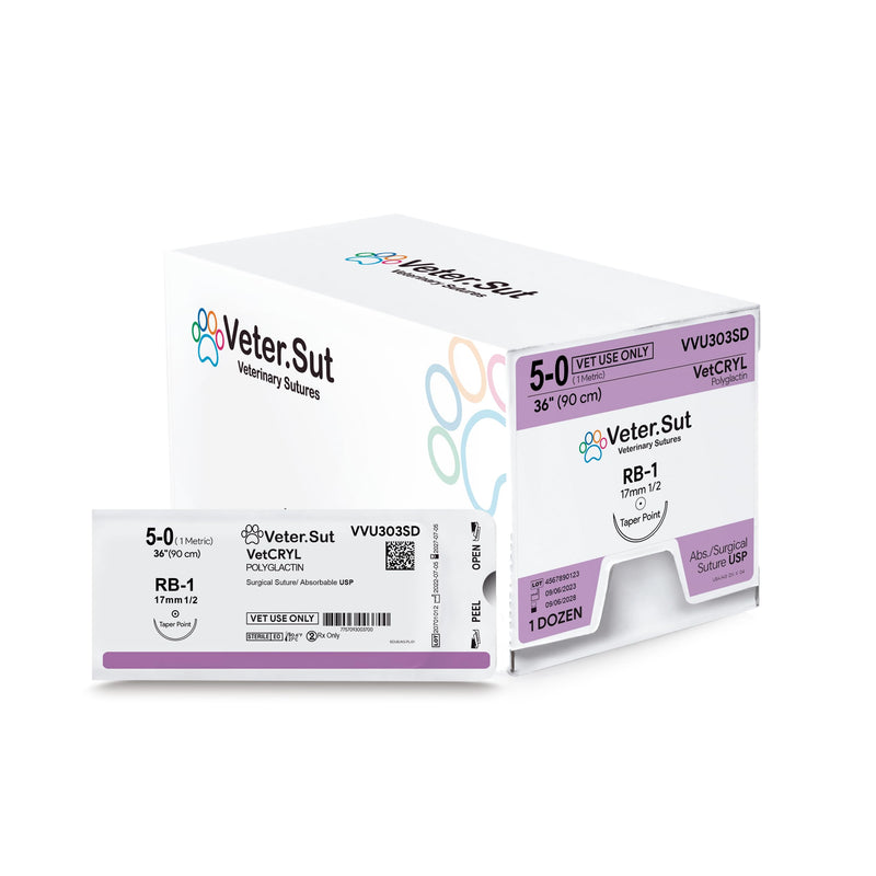 VeterSut VetCRYL Absorbable Polyglactin Surgical Suture USP Size 5-0, (RB-1) 1/2 17mm Taper Point Needle, 36 Inches (90 cm), 12 Count, Veterinary Use