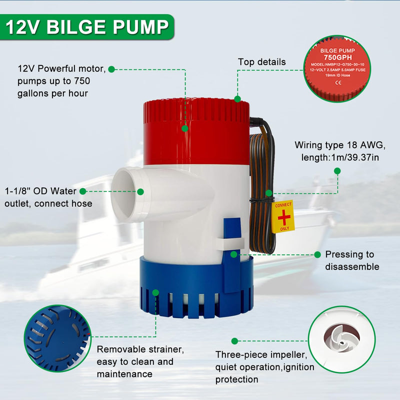 750 GPH Marine Bilge Pump,12V DC Submersible 1-1/8 Inch Diameter Electic Rule Bilge Water Pump Kit,with Automatic Float Switch High-Flow Fully Bilge Pumps for Boats RVs Yachts Caravans 750gph Pump With Float Switch