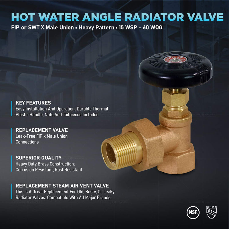 Midline Valve IXW-U034 Heavy Duty Hot Water Steam Radiator Valve; Air Vent Temperature Control; 3/4 in. FIP x Male Union; Brass 3/4" FIP x Male
