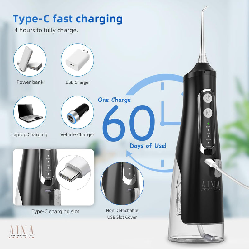 AINA All-in-1 Water Flosser Cordless & Electric Toothbrush - Braces Flossers with 6 Jet Tips, 310ml Large Tank | 4 Modes Rechargeable Electric Water Flosser - IPX7 Waterproof Portable Oral Irrigator Dental Flosser