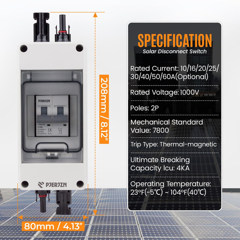 Solar Panel Disconnect Switch 1000V 20A PV Disconnect Switch Box Outdoor Breaker and Enclosure for Solar PV Panels Homes Battery (20Amp)
