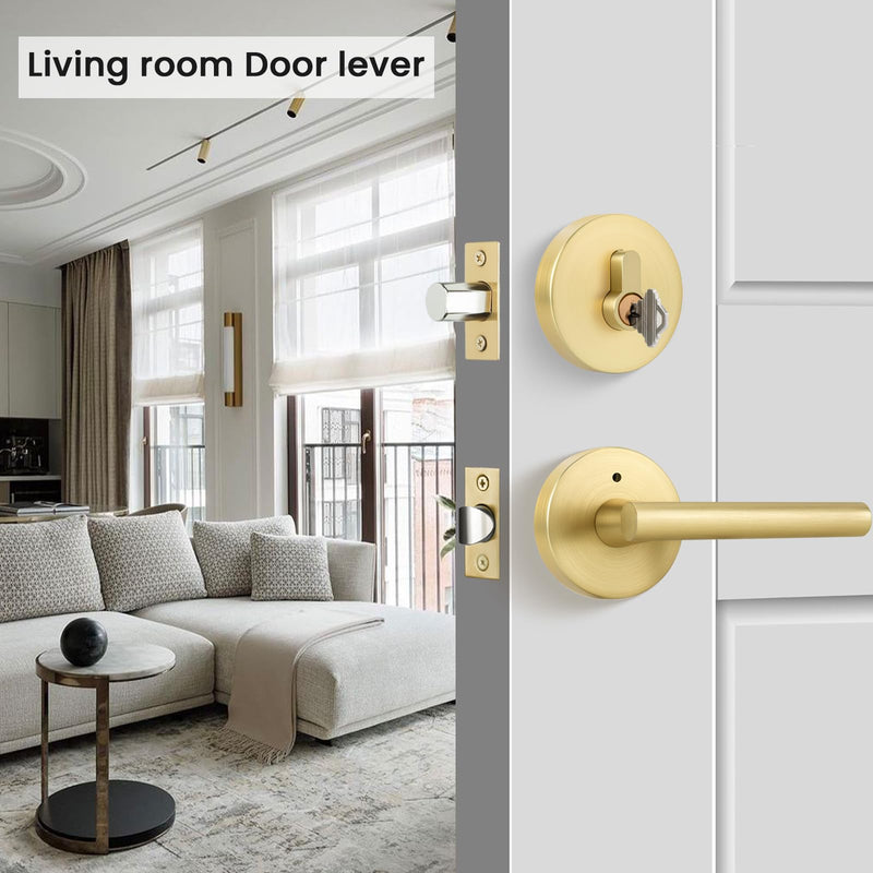 goldenwarm 1 Pack Exterior Gold Door Handle with Deadbolt, Single Cylinder Deadbolt and Entry Door Handle Set,Brushed Gold Front Door Lock Set Deadbolt Set