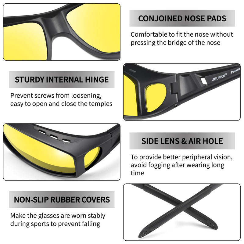 URUMQI Polarized Sunglasses Fit Over Glasses for Men Women, Wraparound Sunglasses UV400 Protection for Driving Fishing C03 Matte Black Frame/Grey & Yellow Lens