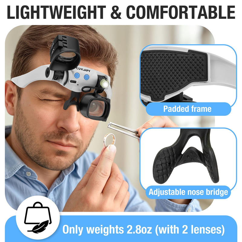 Magnifying Glasses for Close Work, Jewelers Magnifying Glass with Light & 5 Interchangeable Lens Pairs(2X 4X 6X 10x 13x), Headband Loupe Magnifier for Watch Repair,Crafts, w/Storage Case White