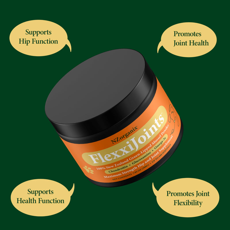 NZorganix FlexxiJoints 100% New Zealand Green-Lipped Mussel Powder, Hip & Joint Support Formula for Dogs & Cats, with Glucosamine, Chondroitin 200g (600 Servings) - PawsPlanet Australia