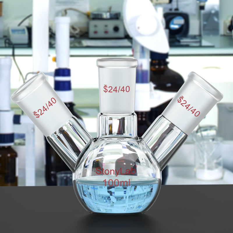 stonylab 3 Neck Flat Bottom Flask, High Borosilicate Glass, 24/40 Standard Taper Joint, Chemistry Laboratory Reaction Flask, 100 ml Capacity