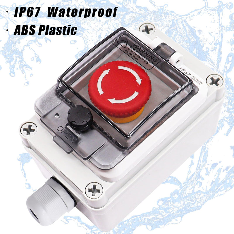 Taiss Emergency Stop Switches 1NC 1NO E-Stop Switches with IP67 Waterproof Box, Red Mushroom Latching Emergency Stop Push Button Switch e-Stop Push Button with Box IP67 style