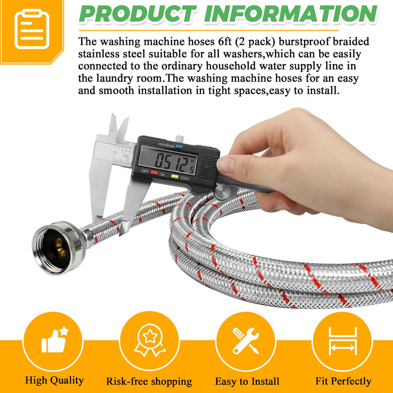 6Ft Stainless Steel Washing Machine Hoses- Burst Proof Washer Supply Lines 6Ft Washer Hoses Universal for All Washer Water Supply Lines by Techecook- 2Pcs Hot and Cold Water lines- 10 Years Guarantee