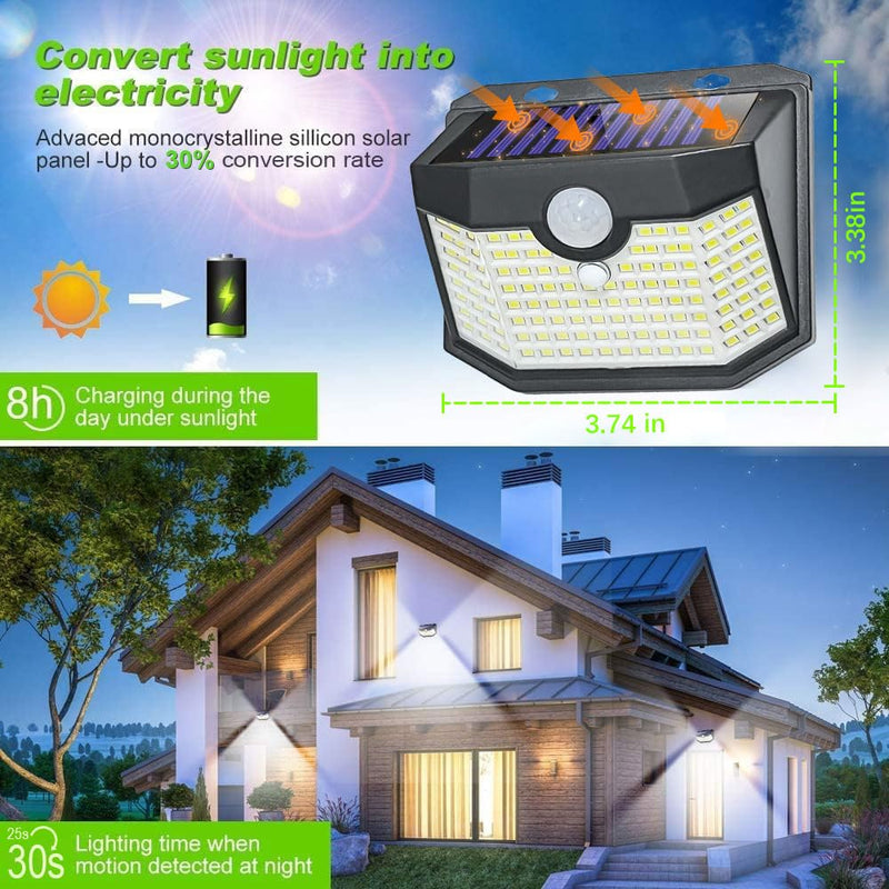 HMCITY 120 LED Outdoor Solar Lights with Motion Sensor and 3 Lighting Modes, IP65 Waterproof Wide Solar Wall Lights Ideal for Garden Patio Yard (Front Button 6Packs, Black Shell-Daylight White) Front Button 6Pack