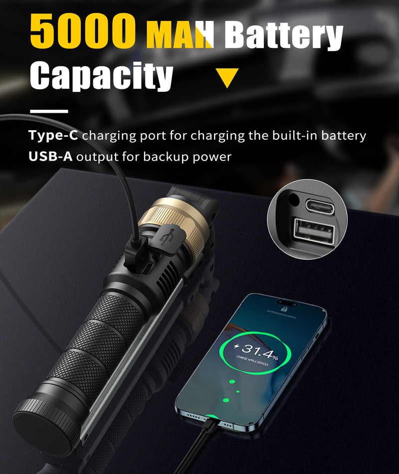 Rechargeable Work Light - 5000mAh Magnetic Work Light with 360° Rotate Foldable Design, 1200 Lumens Led Work Light, 3 Lighting Modes Mechanic Light for Car Repairing/Emergency