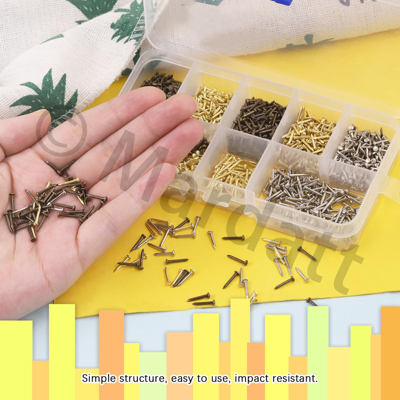 1600Pcs 3 Sizes Small Tiny Nails Assortment Kit, 1x6mm, 1x8mm 1x10mm Tiny Wooden Nails Hardware Tiny Nails Assorted Wall Nails Set for Pictures Hanging Woodworking Gold Bronze Silver