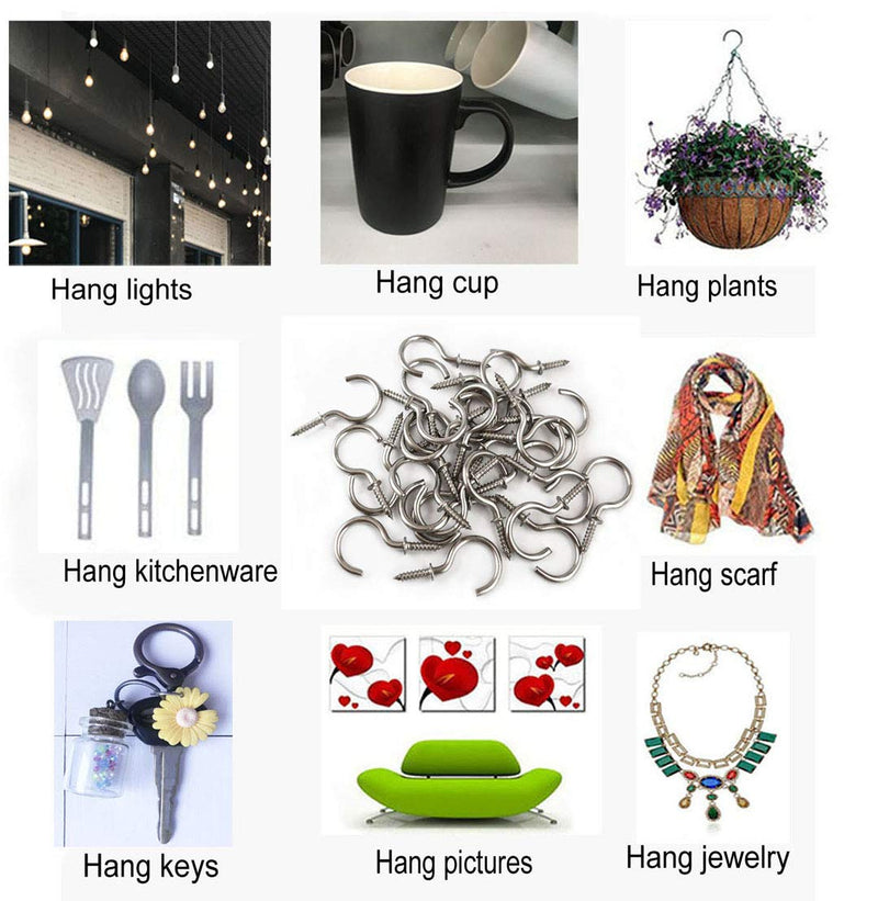 60 Pcs (304) Stainless Steel Screw Ceiling Hooks 1 Inch Cup Hook Screw-in Light Hooks 60 Pack
