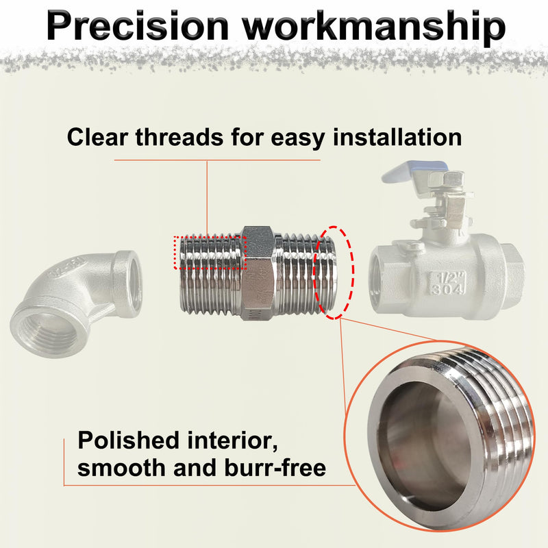 1/2" Male x 1/2" Male Hex Nipple Pipe Fittings, 304 Stainless Steel 1/2 inch NPT Male Threaded Pipe Adapter Fittings Equal Nipples Connectors, Male Straight Connector Pipe Fitting (1/2“, 2pcs) 1/2“, 2pcs