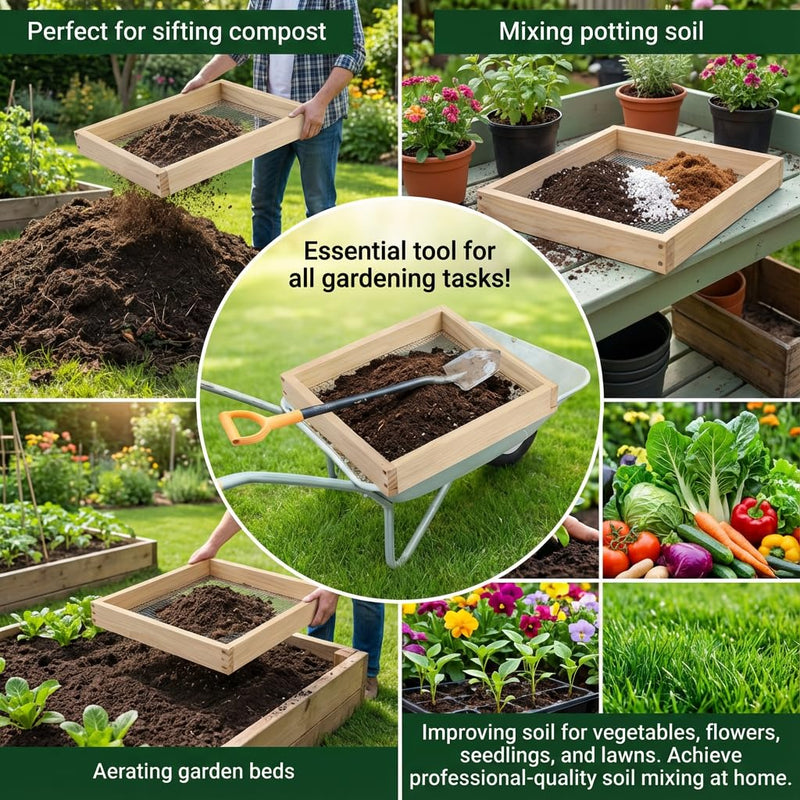 Wood Soil Sifter for Gardening, 11x12 Inch with 0.2 Inch Mesh, Compost Sifter for Potting Soil, Durable Garden Tool to Remove Rocks and Improve Soil Aeration