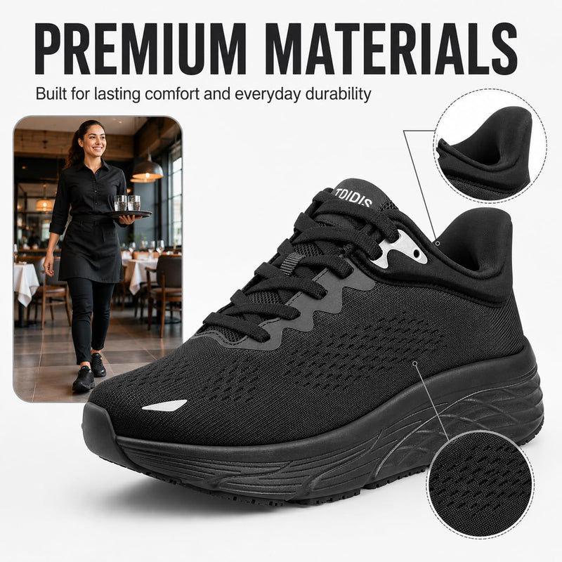 Black Non Slip Work Shoes for Women, Water-Resistant Kitchen & Restaurant Sneakers, Cushioned Thick Midsole for All-Day Standing, Chef & Food Service Footwear 8 Black-mesh