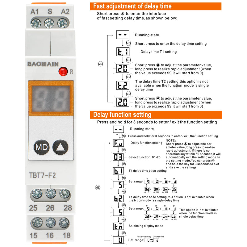 Baomain Digital Multi-Function Time Relay, 16A 20-Delay Modes 0.1s~99d, DIN Rail Mounting Timer Relay TBT7-F2 (2-SPDT)