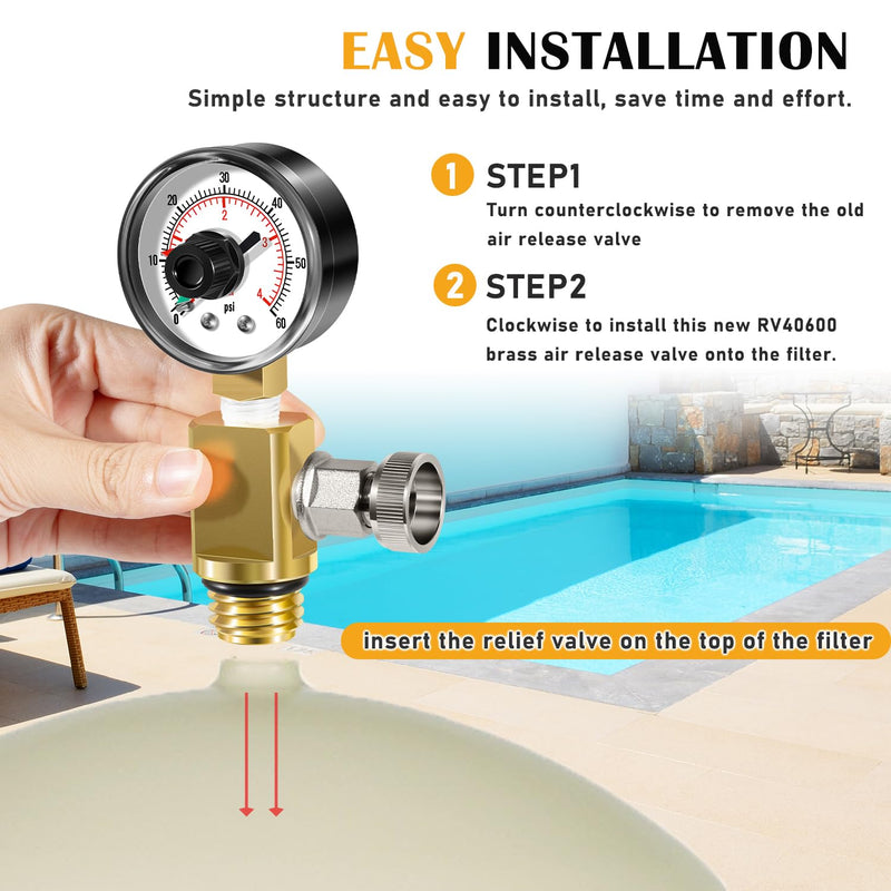 RV40600 98209800 Brass Manual Air Relief Valve Assembly Fit for Pool Filter Systems for FNS, Clean and Clear, Quad DE, 4000 Series Filters