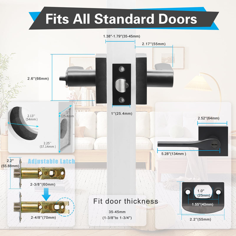 2 Pack Matte Black Door Knob, Interior Privacy Keyless Entry Door Lock, Square Style Reverisble Door Handles, Heavy Duty Door Levers for Bedroom Bathroom Doors 2 Pack Matte Black Tapered Keyless