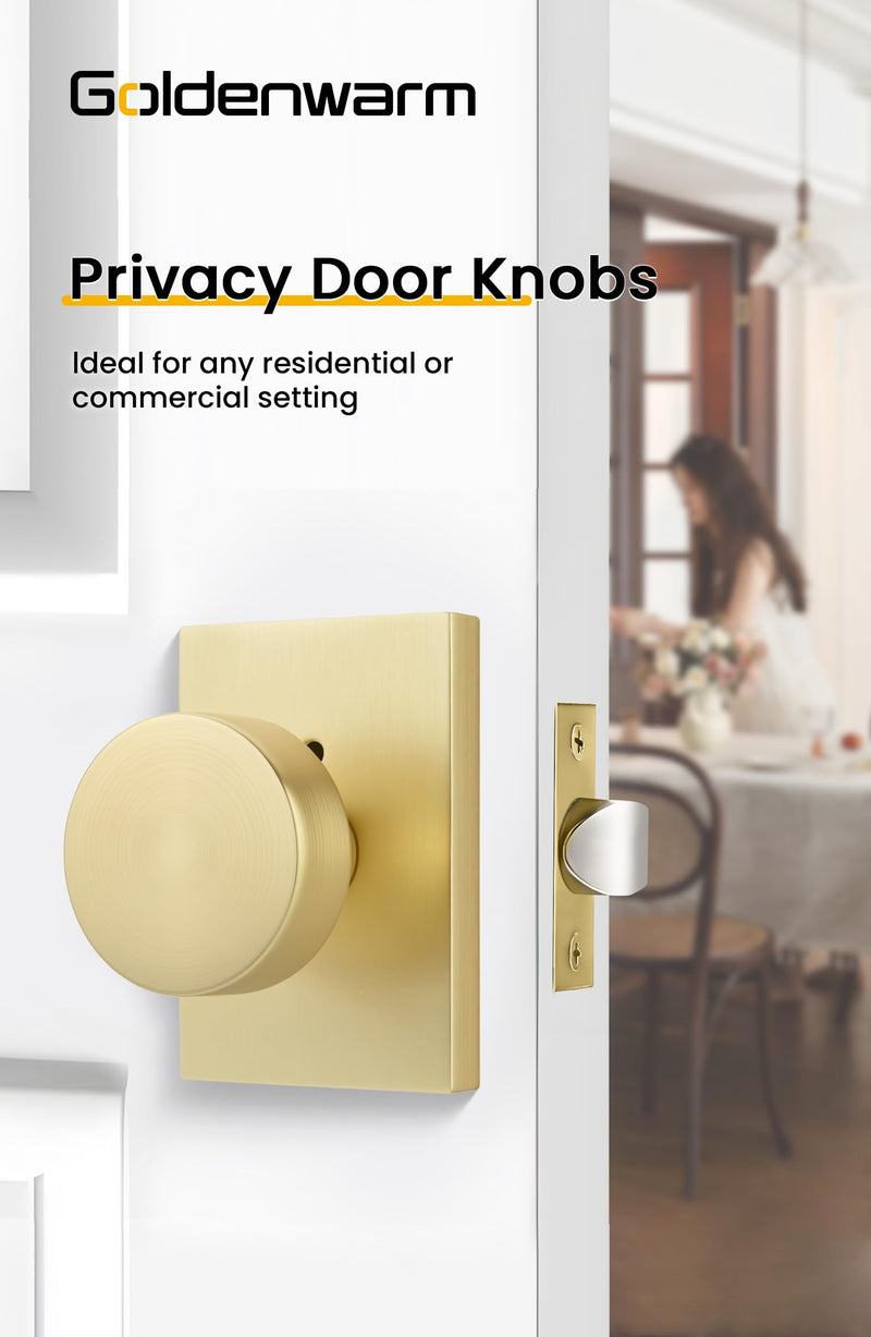 goldenwarm Gold Door Knob Interior, Heavy Duty Brushed Gold Interior Door Knobs for Bedroom Bathroom, Round Privacy Door Knob, Zinc-Alloy Rectangle Rosette Indoor Doorknob (1 Pack) 1 Pack