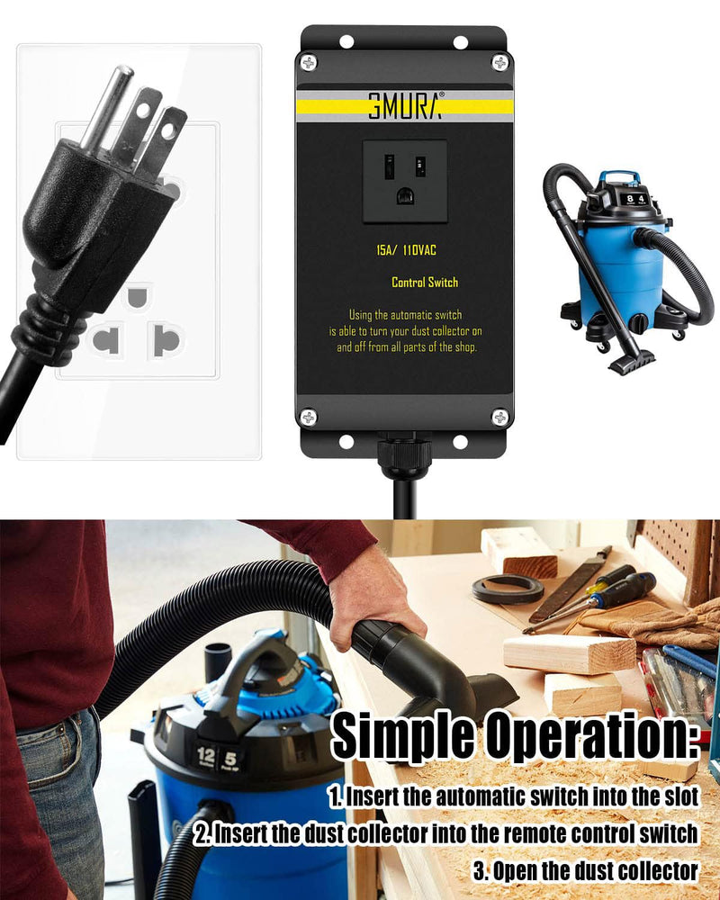 110V Automatic Vacuum Dust Collector Starter Outlet Switch, with 2Pcs 50CM Power Cord & Manual On/Off Switch, for Home or Woodworking Place Dust Extractor 110V
