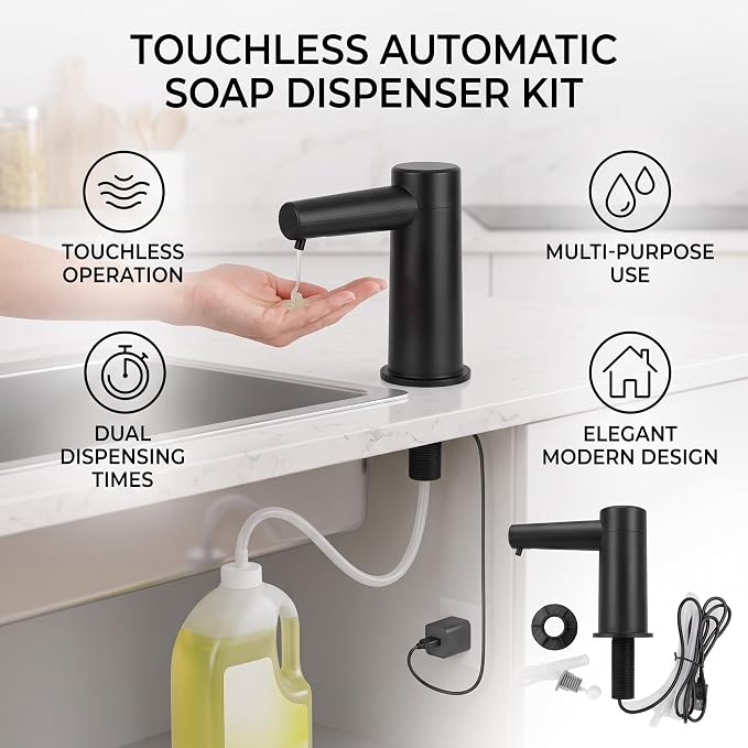 Automatic Touchless Dish Soap Dispenser for Kitchen Sink, Two Adjustable Dispensing Sink Soap Pumps, 38" Tube, Leak-Proof Plug-in, Built-in Fit for Bathroom Commercial (Black) Black - NewNest Australia