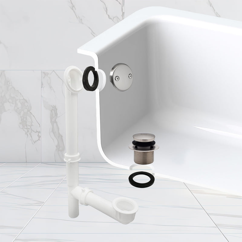 Westbrass A593244-07 14" x 1-1/2" White Tubular Bathtub Waste & Overflow Assembly with Tip-Toe Drain Plug and 2-Hole Faceplate, Satin Nickel 1 Pack