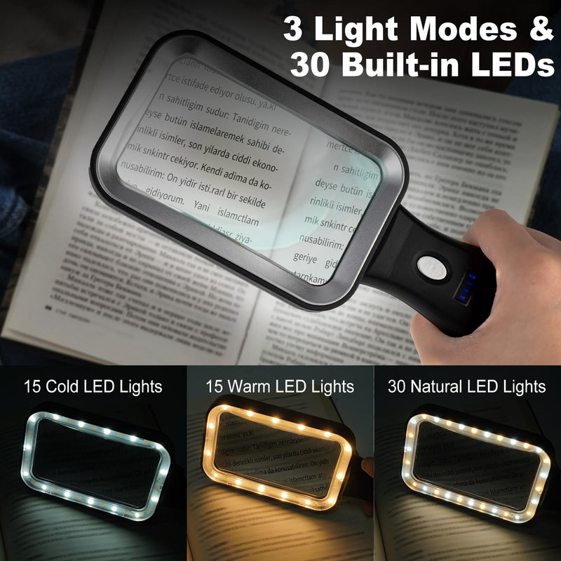 10X Magnifying Glass with Light, Rechargeable Magnifier with 3 Color Modes, Lighted Magnifying Glass Handheld for Seniors Reading Low Vision, Inspection, Close Work 10X Magnifier with LIght
