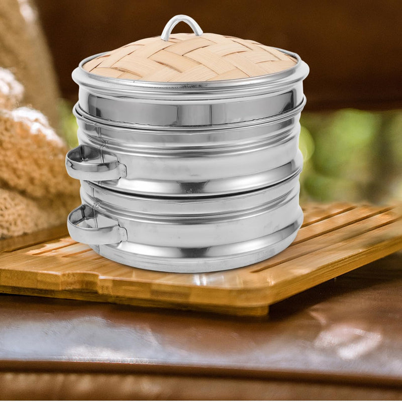 IMIKEYA Bamboo Steamer Basket, 7-Inch, 2-Tier Dumpling Steamer Basket with Lid Home Kitchen Vegetables Steam Pot for Dim Sum, Bao Buns, Dumplings, Asian Food, Rice