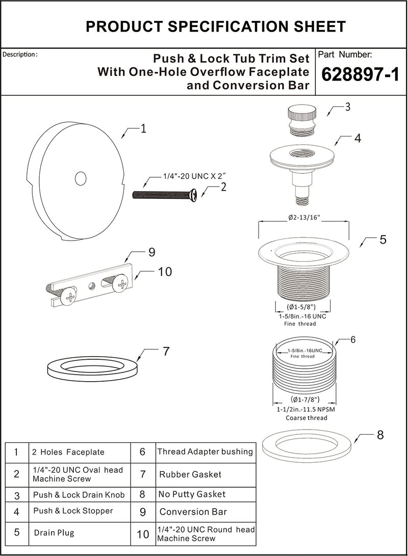 Artiwell Push & Lock Tub Trim Set with Single-Hole Overflow Faceplate, Bathtub Conversion Kit Assembly with Conversion Bar, Universal Fine/Coarse Thread, No Putty Installation (Chrome Plated) Chrome Plated