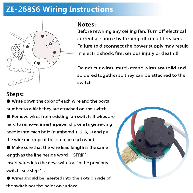 Ceiling Fan Switch, 4 Wire Zing Ear ZE-268S6 Pull Chain Switch Replacement 3 Speed Control Switch Compatible with Hunter Ceiling Fans, Wall Lamps, Cabinet Light (Nickel Pull Chain) ZE-268s6 Nickel