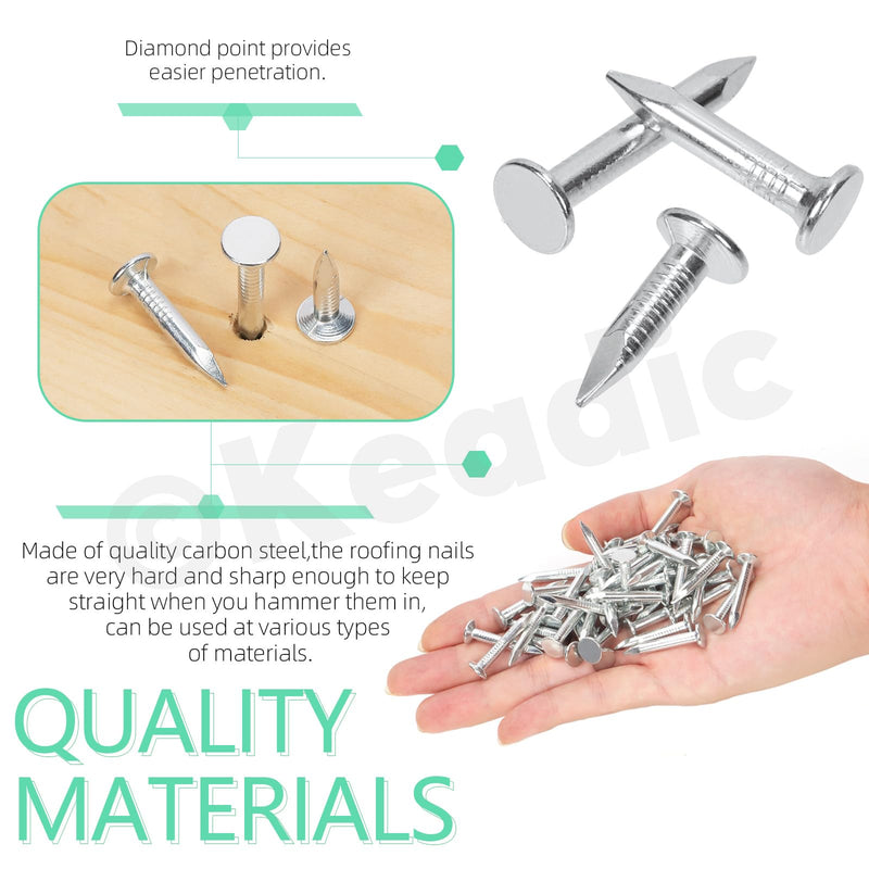 Keadic 300Pcs 1-1/4" Galvanized Roofing Felt Nails Bulk Set, 30mm Broad Head Pins House Hardware Nail for Roofing Felt Insulation Film Foam Board Asphalt Singles Fastening 1-1/4" (30mm)