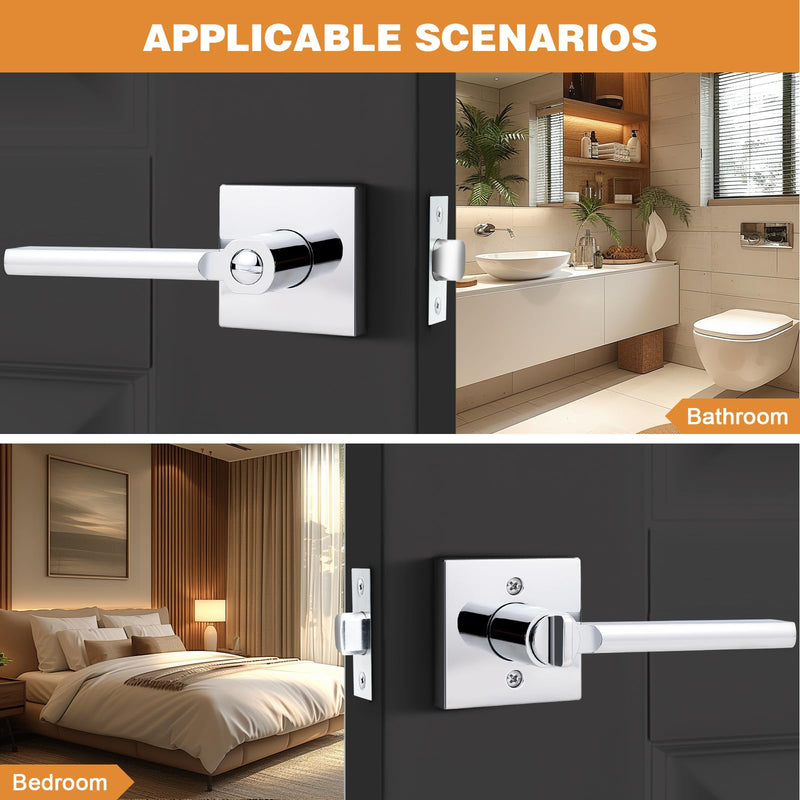 Probrico Polished Chrome Privacy Door Handle Lockset Heavy Duty Square Interior Door Lever for Bedroom or Bathroom Reversible Keyless Handleset Door Knob Slim Handed Levers, 2 Pack