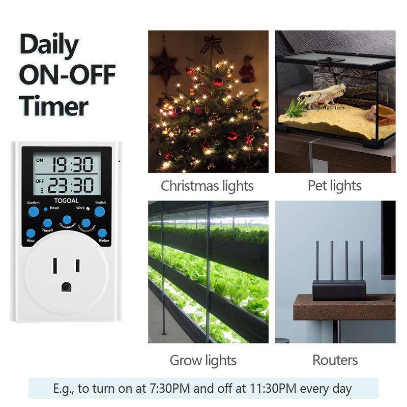 Digital Infinite Repeat Cycle Timer Plug with Countdown and 24 Hour Daily on-Off Programs for Electrical Outlets, Lights, Hydroponic Pumps (120V, 15A) [2 Pack]