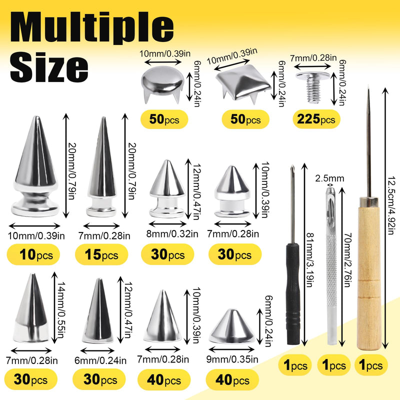 SBYURE 550 Pieces Punk Studs and Spikes Kit,8 Size Punk Spikes and Square/Round Pyramid Studs for Clothes, Spikes for Crafts Punk Style, Included 3 Pack Tools