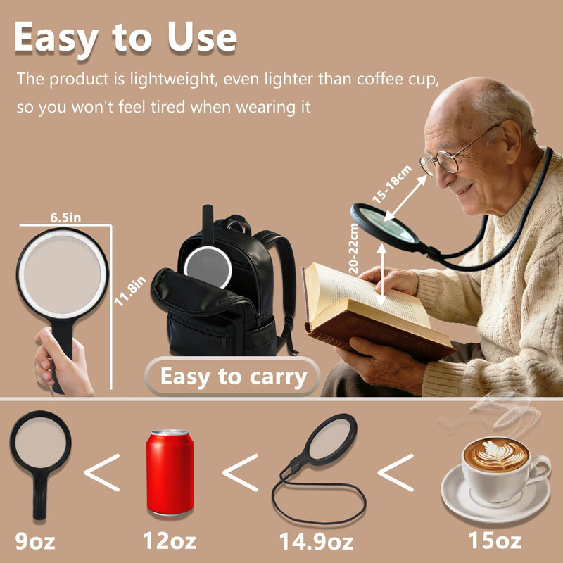 Hands-Free Magnifying Glass with Light, Rechargeable Neck Magnifier for Reading, Crafts, Cross Stitch - Adjustable Brightness for Low Vision Seniors & Close Work (White & Warm Light) White & Warm Light