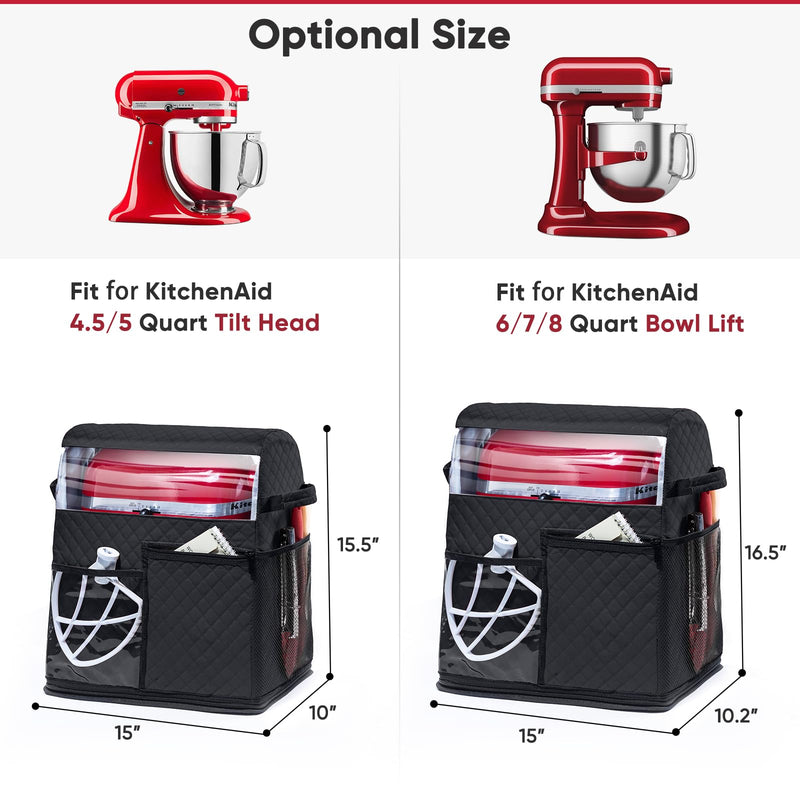 BAGSPRITE Stand Mixer Cover with Detachable Appliance Sliders Base Compatible with KitchenAid Mixer-Storage Bag for 6/7/8 Quart with Pockets for Kitchen Aid Accessories and Attachments Black Fit for 6 - 8 Quart