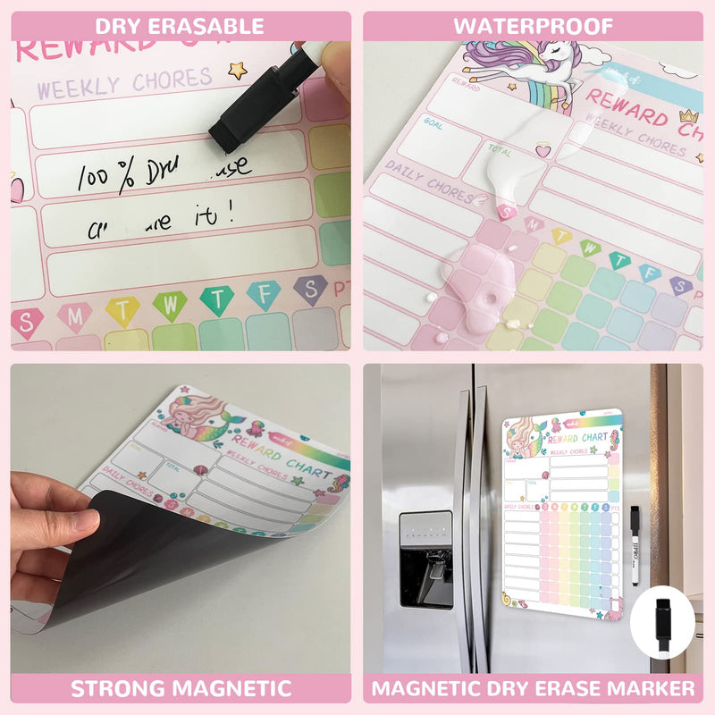 Magnetic Dry Erase Chore Chart for Two Kids, Reward Chart for Kids Behavior. Includes 52 Static Tasks, 126 Golden Stars and Unicorn & Iridescent Mermaid Magnetic Charts Each Unicorn+Mermaid