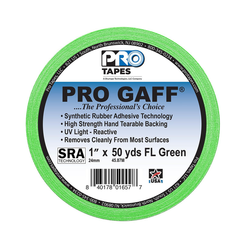1" Width ProTapes Pro Gaff Premium Matte Cloth Gaffer's Tape With Rubber Adhesive, 50 yds Length x, Fluorescent Green (Pack of 1)