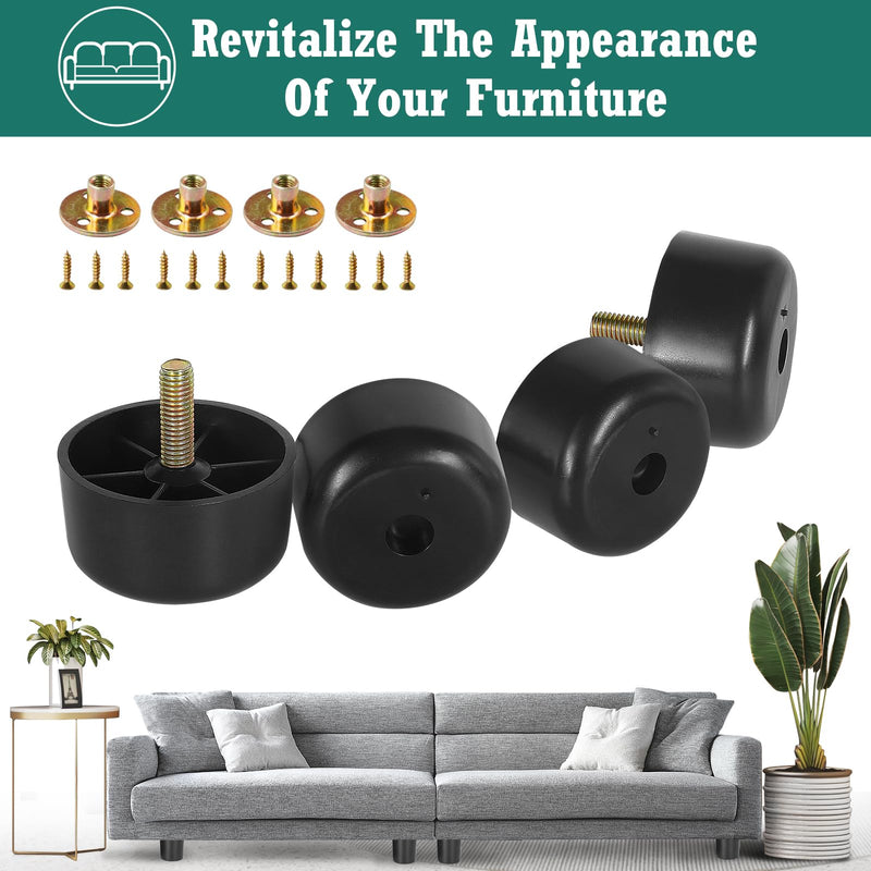4pcs Plastic Furniture Legs 1-1/8 inch, Black Couch Legs Round Furniture Feet Sofa Replacement Legs with M8 Plate Nuts for Couch Table Sofa