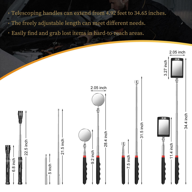 DODOWIN Extendable Magnet Pickup Tool Set 5PCS, Christmas Stuffers Birthday Gifts for Men Husband Dad, with 1&8 lb Sticks, Round and Square 360° Adjustable Inspection Mirror, Personalized Gift for Men
