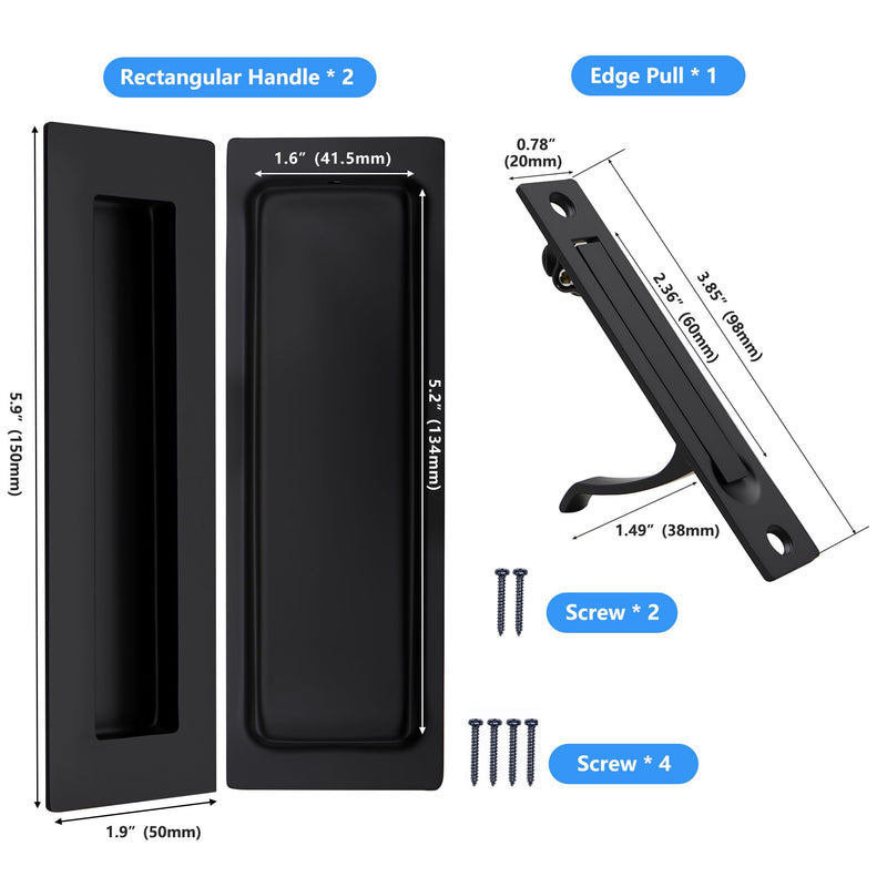 Dontay Pocket Door Pull Handle,304 Stainless Steel,Rectangle Recessed Flush Finger Pulls & Edge Spring Pull,No Lock,Hardware Set for More Than 1-1/8” Thickness Sliding Door(Matte Black,6'') 6 inch ( 150 mm) 1Pack Matte Black