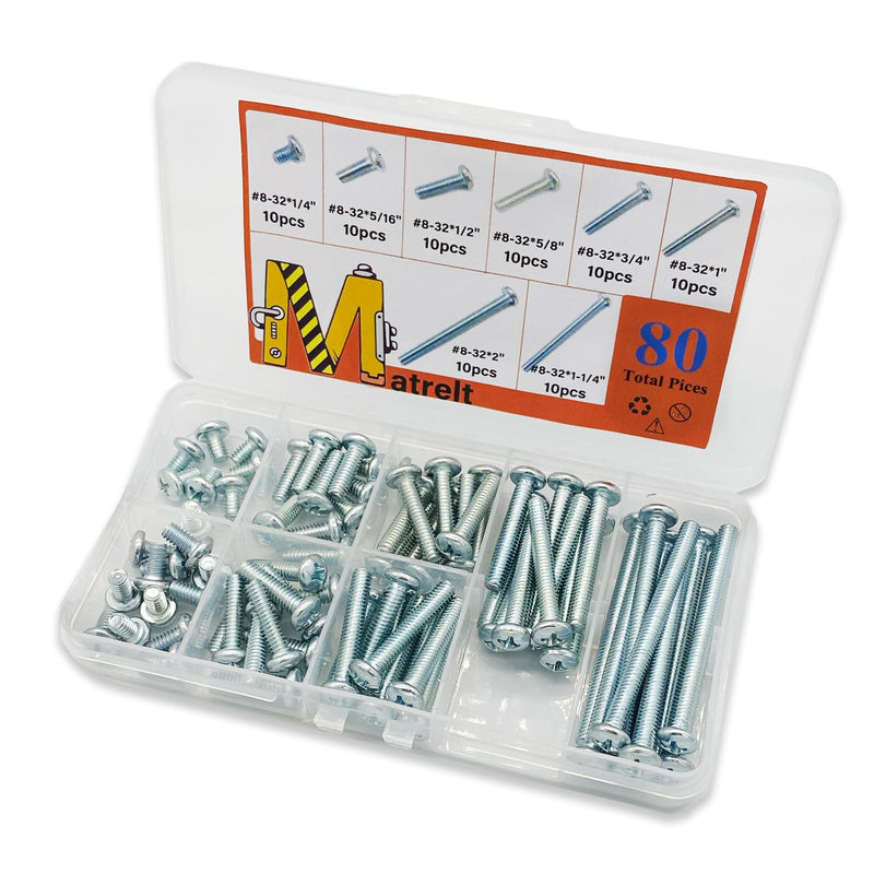 80 Pcs 8 Sizes #8-32 Machine Screws Knob Screws Cabinet Screws Electricians Screws, Carbon Steel Zinc-Plated Phillips Pan Head Machine Screws Assortment Kit #8-32-8Size-80P
