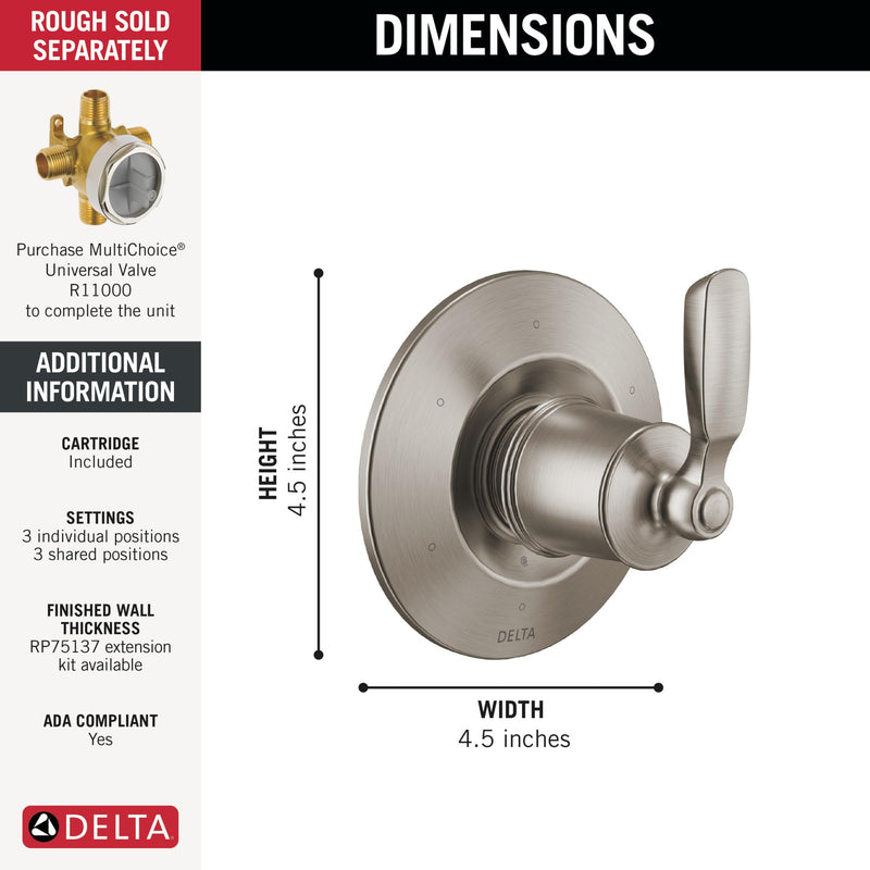 Delta Woodhurst 6-Way Shower Handle Diverter Trim Kit, Brushed Nickel Shower Faucet System Diverter, Stainless T11932-SS (Valve Not Included)