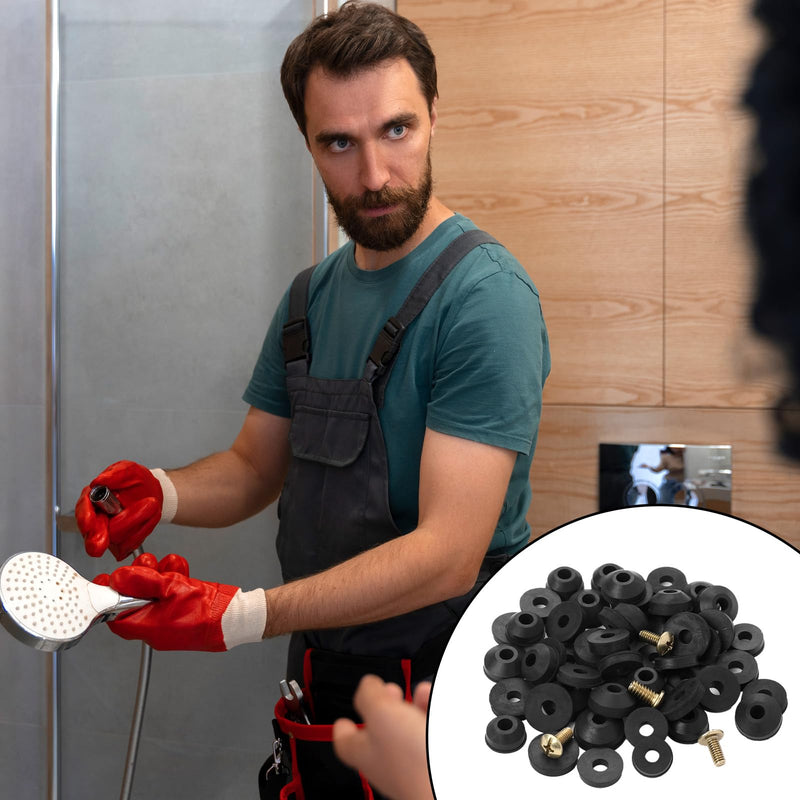 58 Pcs Rubber Washers for Outdoor Faucet Repairing, Assorted Flat and Beveled Faucet Washers Hose Repair Kit with Brass Bib Screws Water Hose Gasket Rings for Garden Faucet Stem Leak Worn Replacement