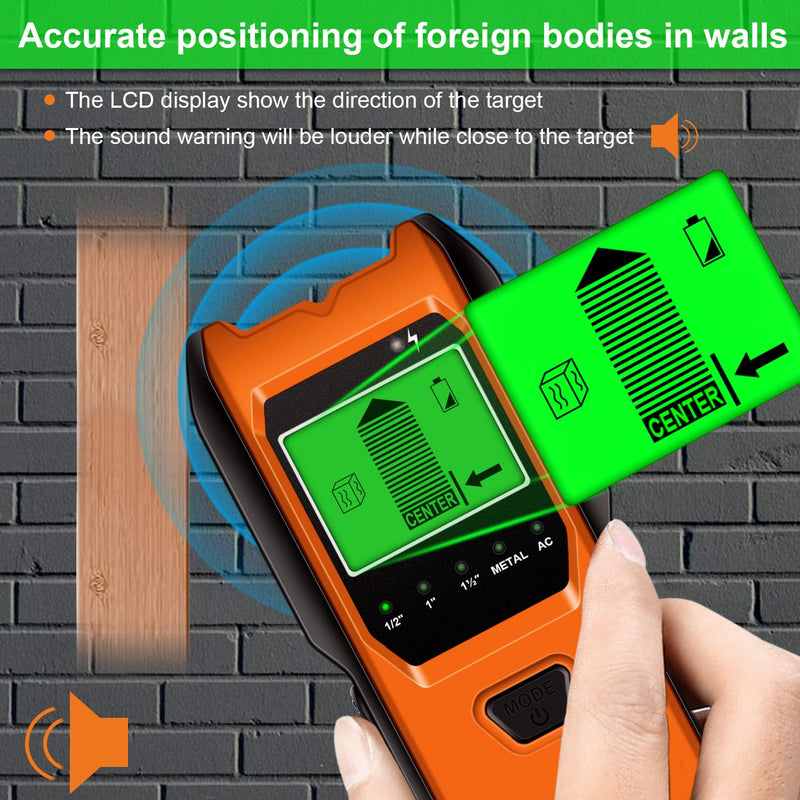 Stud Finder Wall Scanner, 5 in 1 Multifunction Stud Locator with Smart Sensor, HD LCD Display and Audio Alarm for The Center & Edge of Metal, Studs, AC Wire, and Pipe Detection (Tropical Orange) Tropical Orange