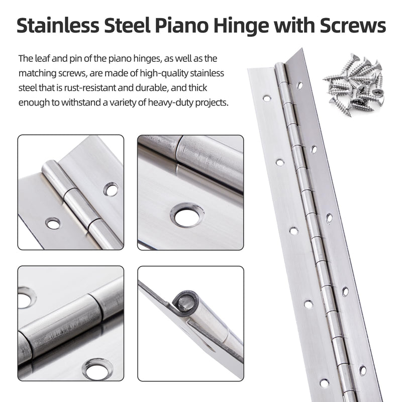 2 Pack Heavy Duty Piano Hinge 30 Inch x 2 Inch Stainless Steel Continuous & Piano Hinges with Holes, 30" Continuous Hinges for Cabinet, Door, DIY Wood Boxes, 0.060" Leaf Thickness, 2" Open Width