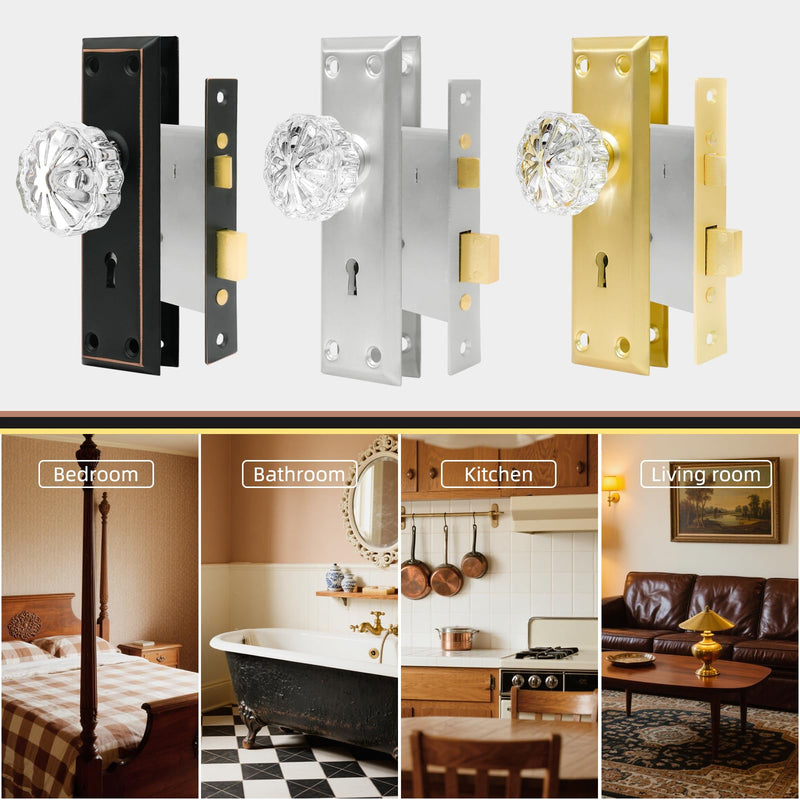 Mortise Lock Set with Crystal Glass Door Knobs for Interior Door Mortise Keyed Lock Replacement for Old Broken Door Knobs (Gold) Gold